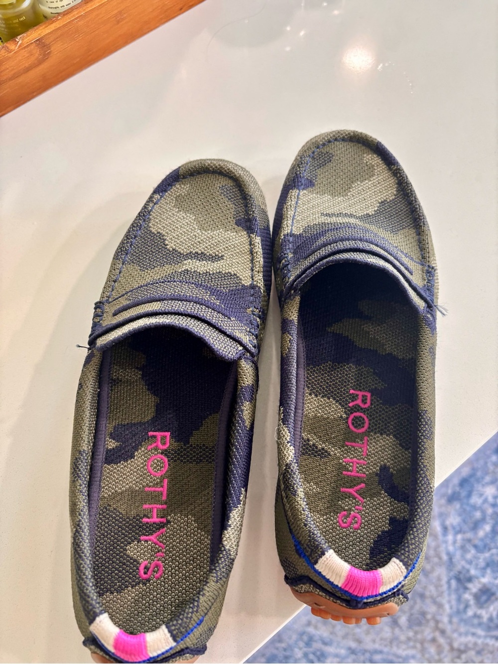 Rothy's Women's Olive Green and Navy Camo Slip-On Loafers